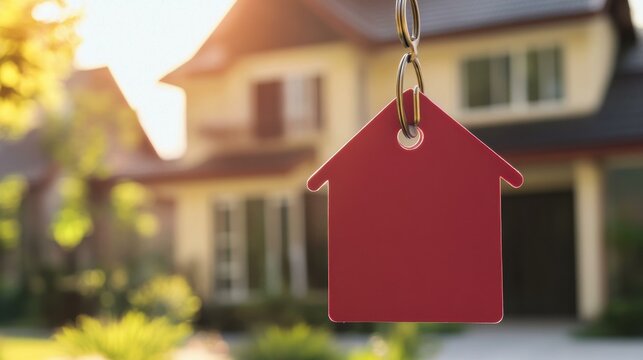House-Shaped Keychain with a House Background in Soft, Warm Light, Symbolizing Home Ownership and Real Estate