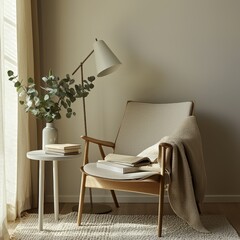 Modern cozy reading nook with armchair, blanket, and eucalyptus vase in soft natural light