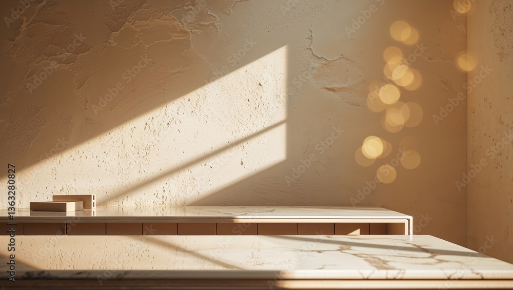Poster sunlight streaming through a window, casting shadows in a minimalistic interior space with soft text
