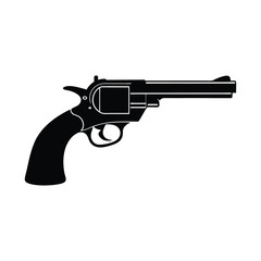 Black handgun with bullets isolated on white background.