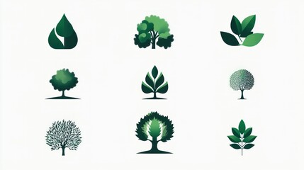 Green tree icons and leaf illustrations for nature design