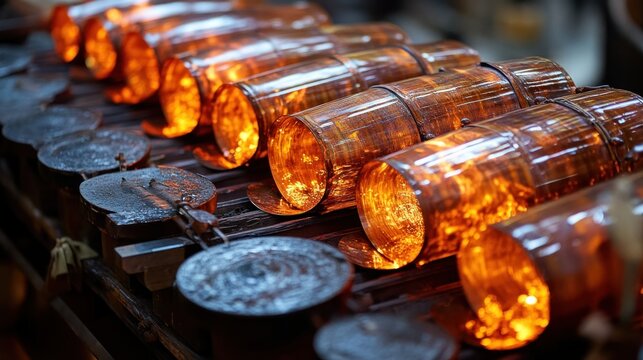 Wooden barrels undergoing heating process