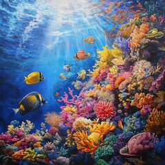 Obraz premium A colorful coral reef teeming with tropical fish under clear blue water, illuminated by sunlight from above, creating an enchanting marine landscape Generative AI