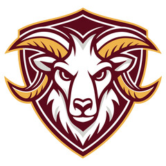 Ram Head Mascot with Curved Horns on Shield, Sport Emblem, Isolated