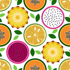 Tropical fruits and leaves exotic seamless pattern vector illustration 