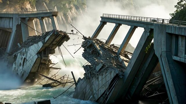Collapsed bridge structure over river with broken concrete and steel beams falling

