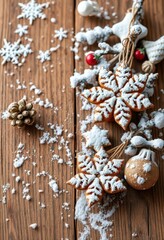 Snow-dusted wooden ornaments and branches on rustic wood, craft, decoration