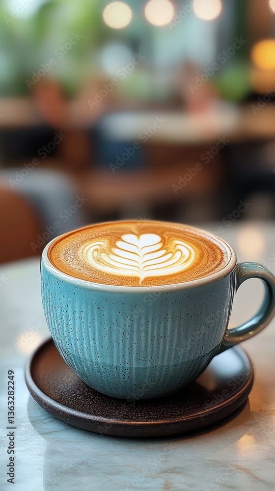 Poster artistic latte art in a blue ceramic cup on a marble table with bokeh background creating a cozy and