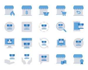 Blue color icons set for Shop, store, market.