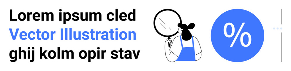 Person holding magnifying glass inspecting details, next to large percentage symbol. Ideal for finance, analytics, research, data insights, marketing, discounts, simple landing page