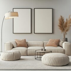 Modern living room interior with beige sofa, floor lamp, and pampas grass.