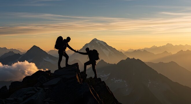 Helping hiker reaching mountain peak with a stunning sunset landscape view