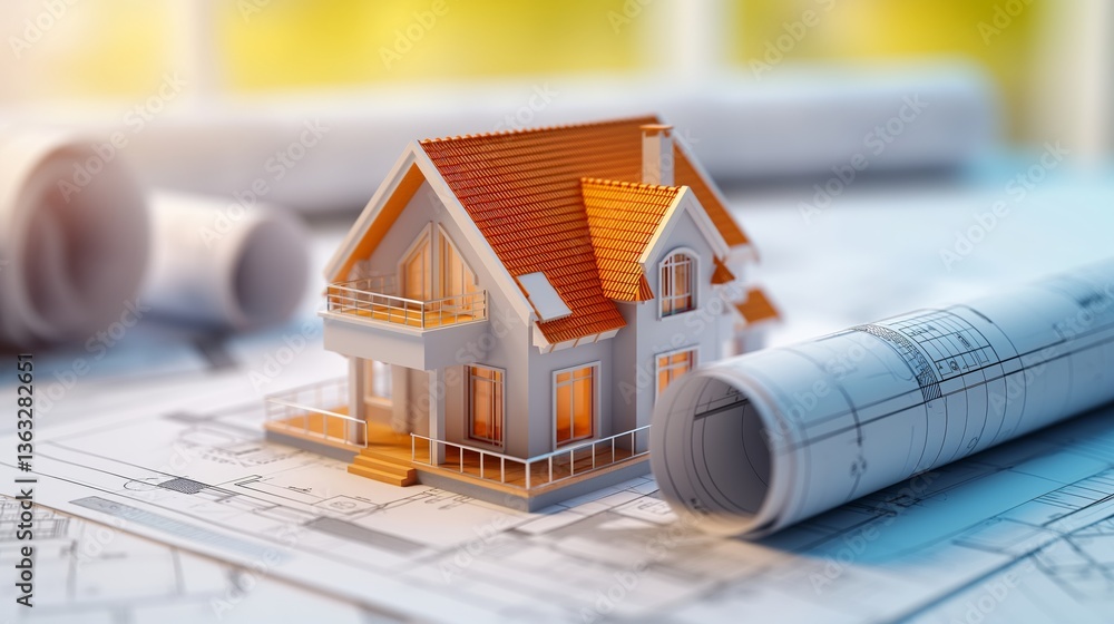 Aufkleber 3d rendering project of new building model house on blueprint plan
