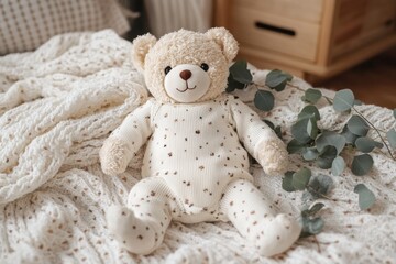 Fototapeta premium Charming teddy bear seated on a cozy knitted blanket surrounded by eucalyptus leaves in a warm inviting scene