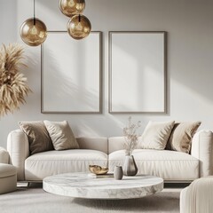 Modern living room interior with beige sofa, marble coffee table, and two blank frames.