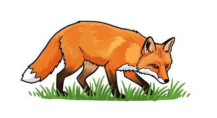 Obraz premium Fox walking in grass illustration - Fox walking in grass illustration 