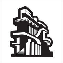 An abstract architecture with a thick outline black silhouette