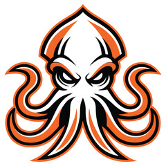 Squid Mascot with Orange Outline and Angry Eyes on White Background