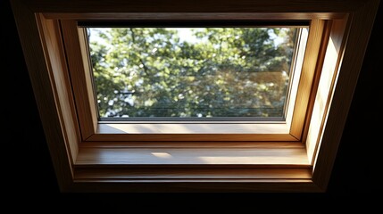 Wooden skylight, natural light, view of trees