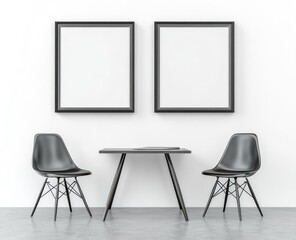 Two empty frames above minimalist black table and chairs.