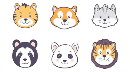 Cute animal faces; tiger, dog, cat, panda, polar bear, lion; children's illustration; digital art