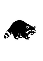Black silhouette of a raccoon crouching on a white background  