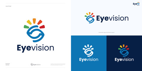 Modern eye vision logo icon design vector, symbol for optics or optical, geometric eye sign with colorful sight or spark shapes for global tech vision, eye care solutions for healthy. digital media