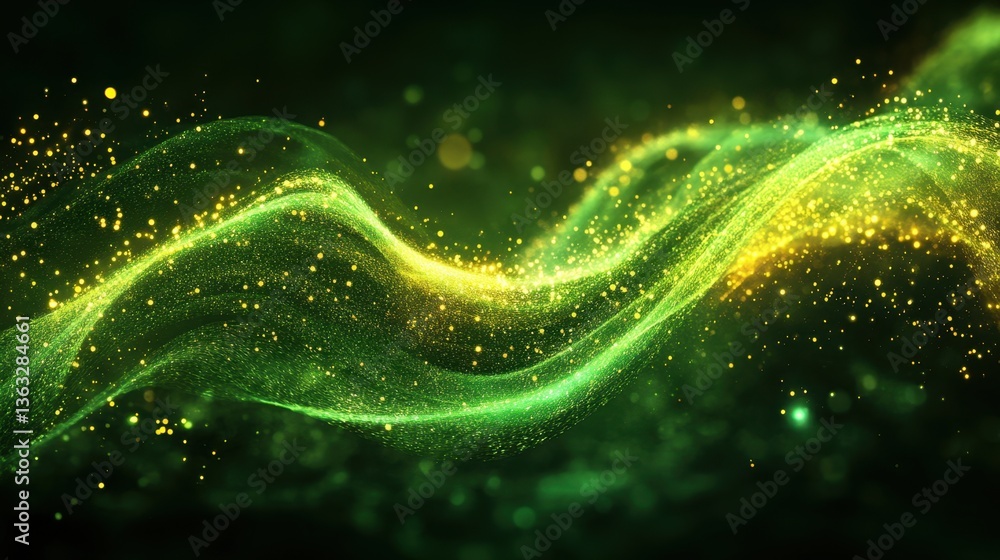 Poster abstract wave of shimmering particles in green and yellow tones against a dark blackground creating 