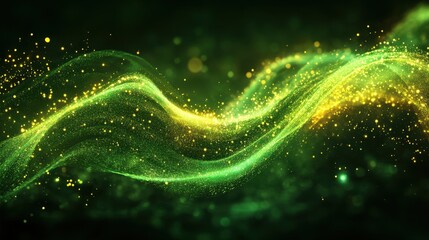 Abstract wave of shimmering particles in green and yellow tones against a dark blackground creating a sense of motion and energy for modern design