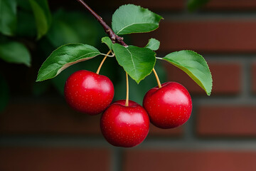Three ripe red crabapples on a branch against a brick wall