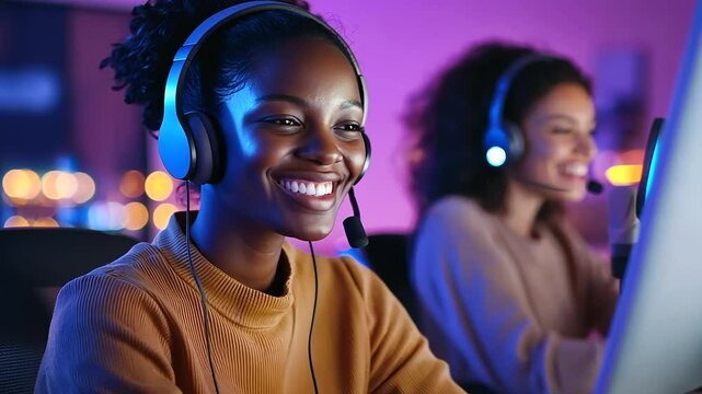 Friendly customer service team assisting clients in a cozy office environment.