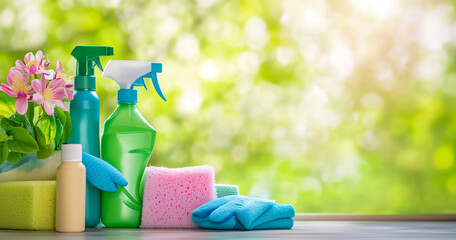 Cleaning products including soap, towel, sponge, and shampoo on a white table