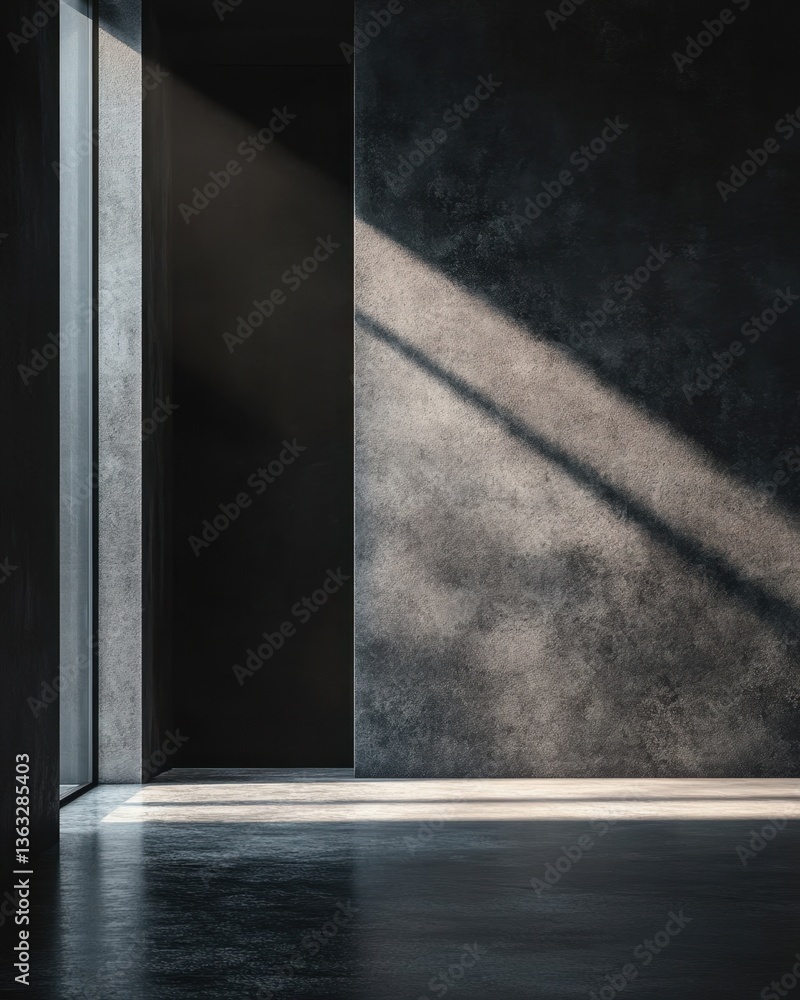 Poster interior of a modern empty room with concrete walls and floor illuminated by natural light streaming