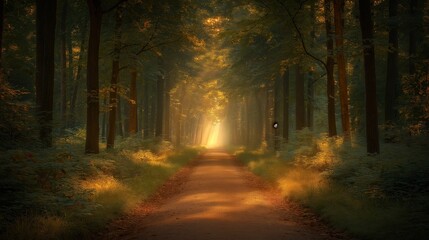 Obraz premium Serene forest path bathed in golden sunlight, lush green trees, tranquil nature scene