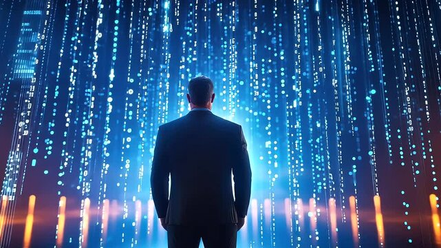 A futuristic display of binary code cascading down a screen, symbolizing digital transformation in business.