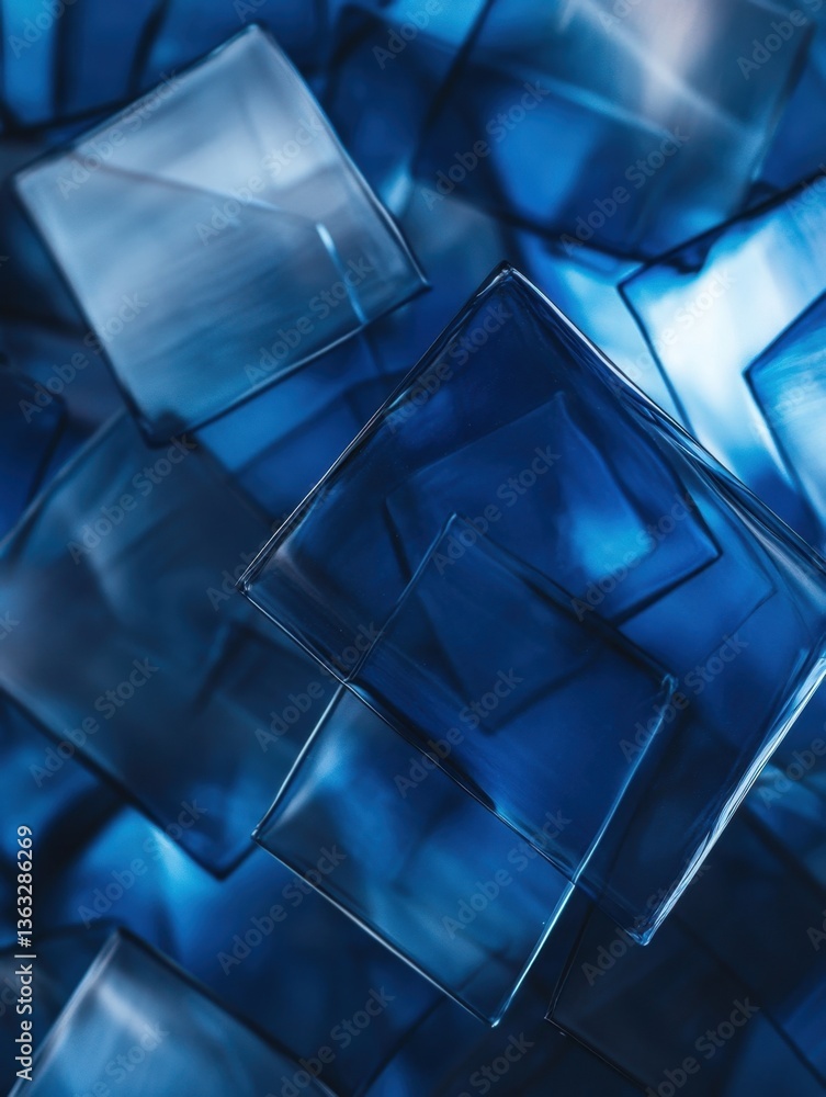 Poster abstract composition of transparent blue cubes creating a geometric pattern with depth and light int