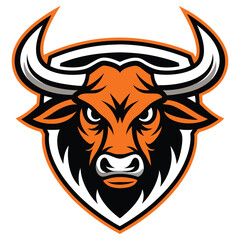 Cartoon Orange Bull Head with White Horns, on White Background