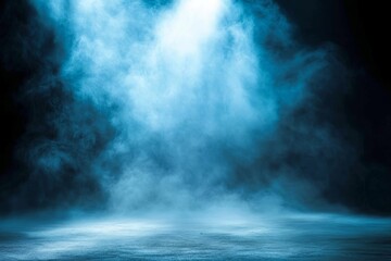 An empty stage at a concert venue, illuminated by bright spotlights and filled with smoke