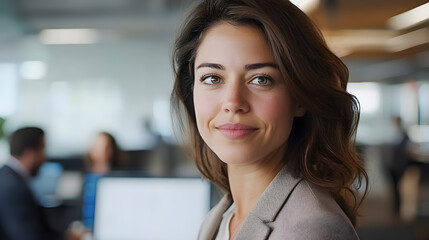 Fototapeta premium Portrait of a young businesswoman smiling in a modern office, colleagues working in the background