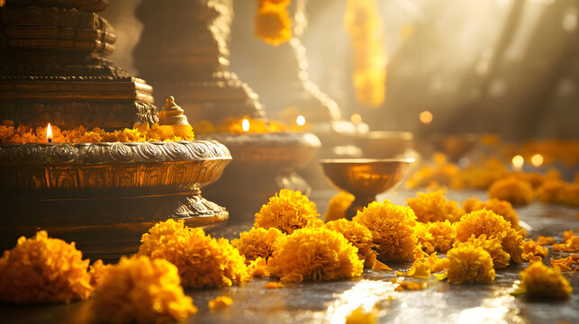 Golden hour illuminates ornate brass bowls filled with marigold flowers and candles at a temple.  Spiritual, peaceful ambiance.