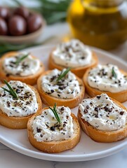 Delicious appetizers featuring creamy cheese and herbs served on bread slices