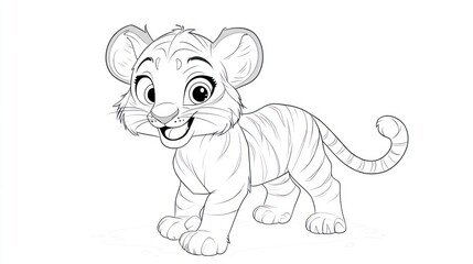 Fototapeta premium Cute tiger cub cartoon, playful pose, white background, coloring page