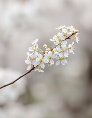 Delicate white blossoms cluster on a slender, graceful branch against a soft, blurred background, romantic, background