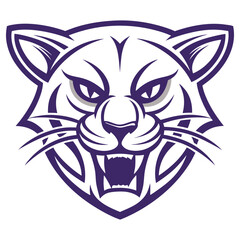 Fierce Puma Head with Teeth in Dark Purple on White Background