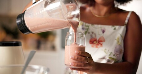 Hands, woman and pour smoothie in home with nutrition drink, detox benefits and weight loss....