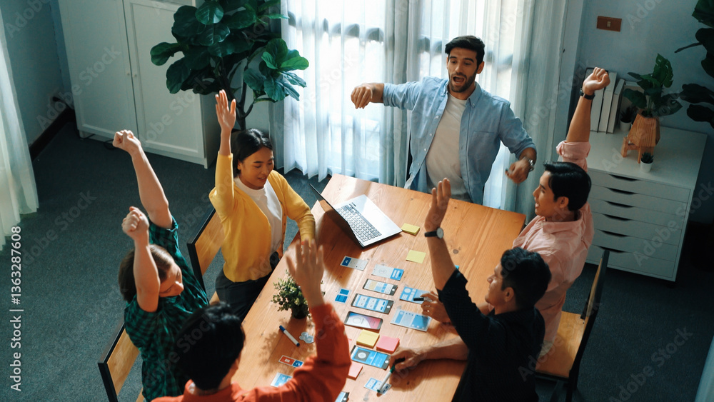 Aufkleber creative team putting hand together while brainstorm about ux ui design mobile phone interface. skil