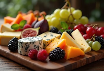 beautifully arranged cheese platter fresh fruits gourmet delicacies artisan cheese varieties seasonal produce vibrant colors, artisanal, arrangement, colorful