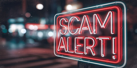Red neon sign with "Scam Alert!" warning in a blurred city night background, conveying urgency and caution against fraudulent activities