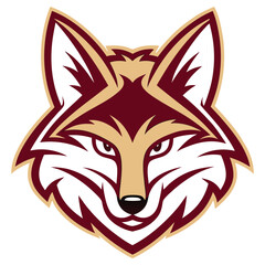 Stylized Coyote Face with Sharp Gaze in Maroon and Gold on White Background