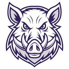 Stylized Boar Head Mascot Design with Sharp Tusks, Purple Outlines on White